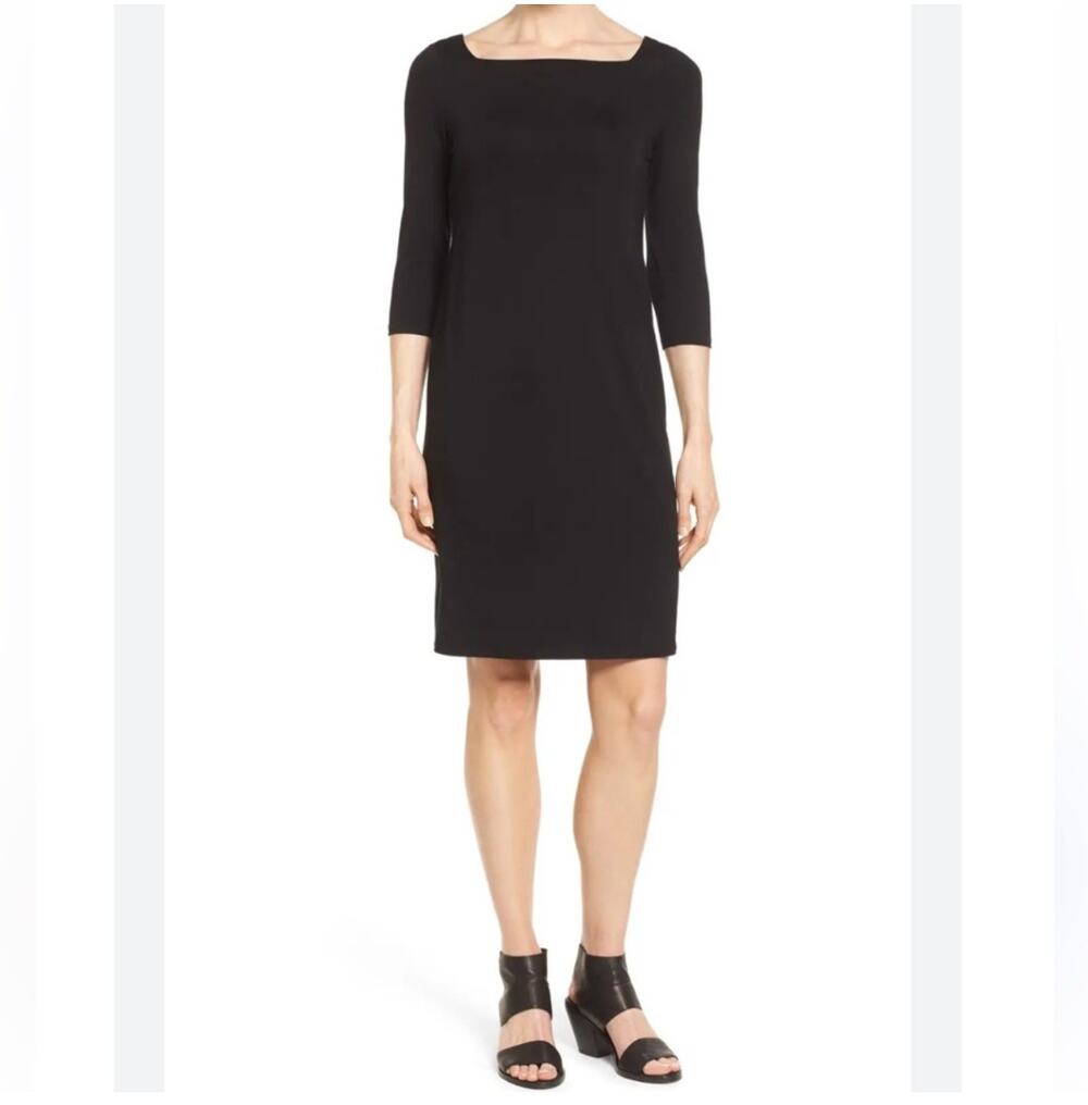 Eileen Fisher Dress Womens Large Black Square Neck Jersey Solid Minimalist Basic